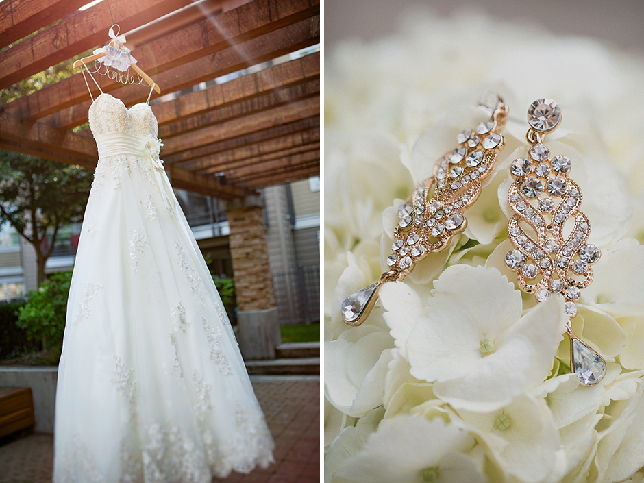 Wedding dress and earings on flowers.