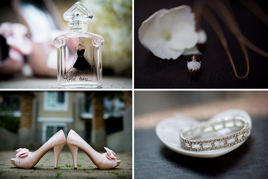 Bride's shoes, perfume and jewellery.
