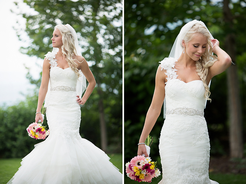 Platinum-blonde bride walks toward camera.