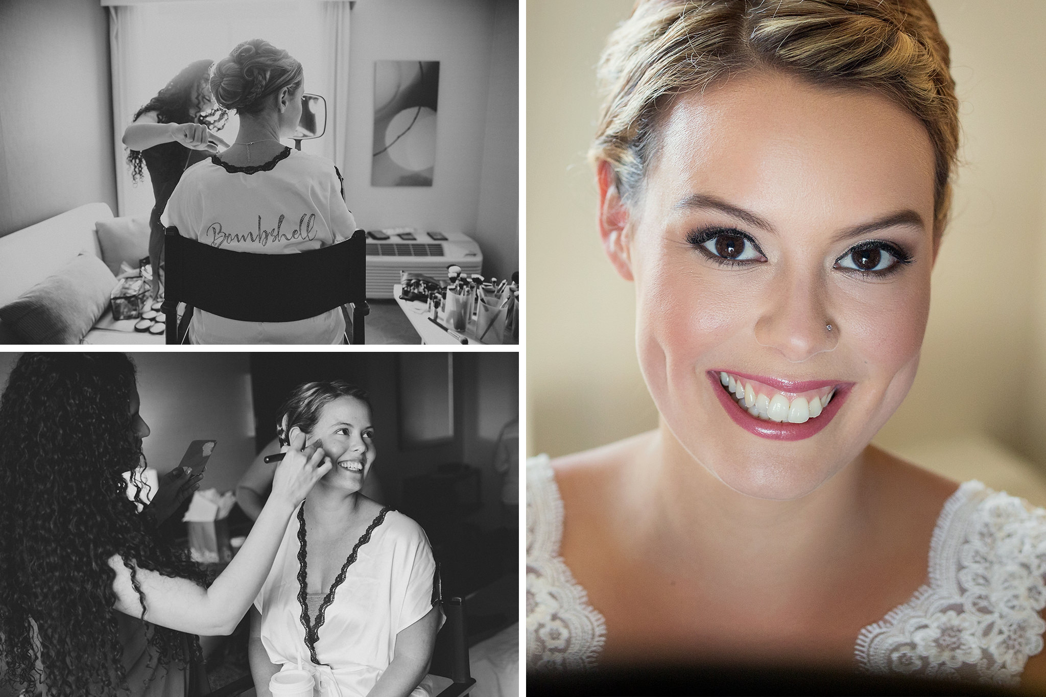 A collage of images showing bridal makeup being applied.