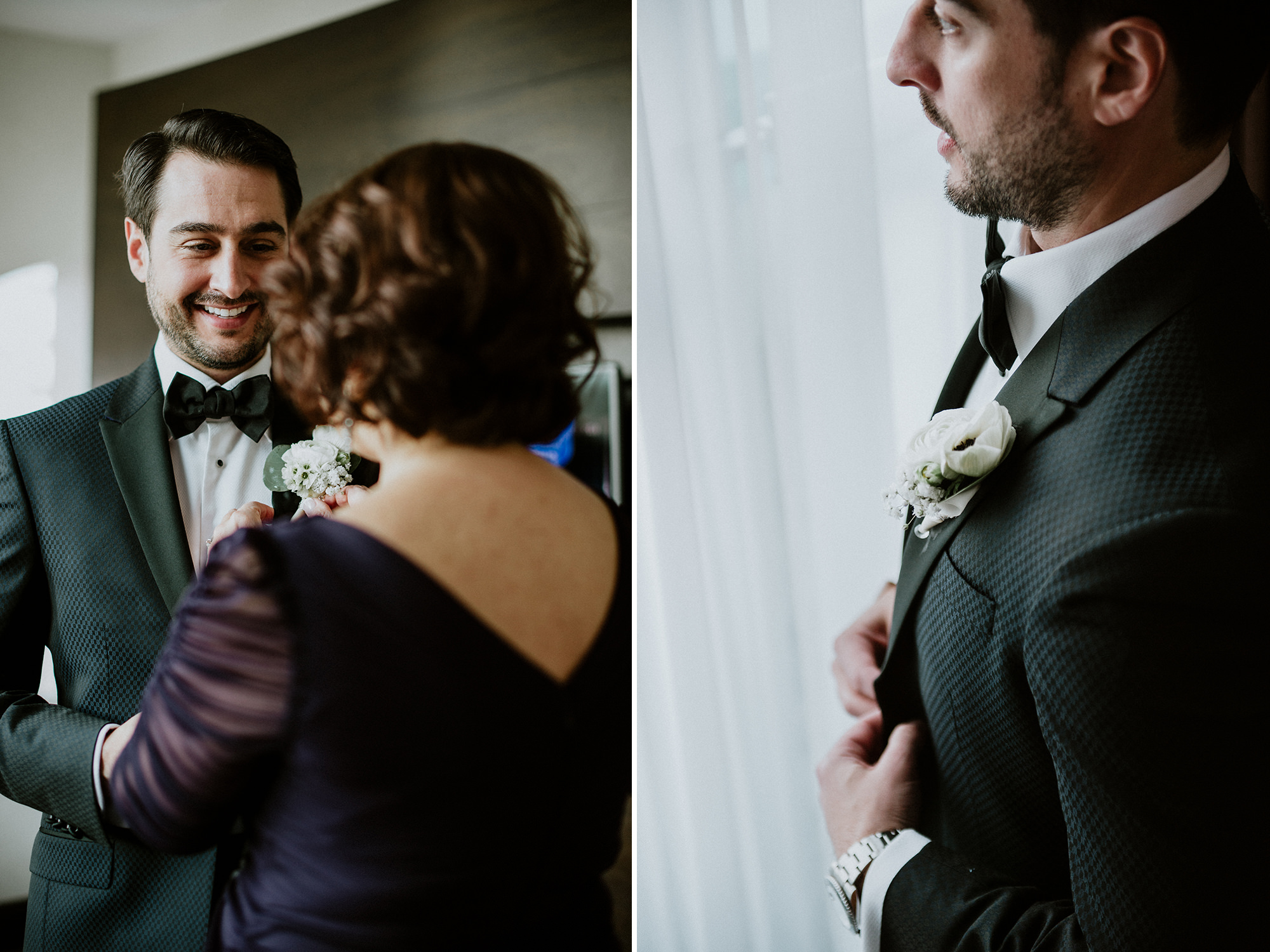mom pins boutonniere on son