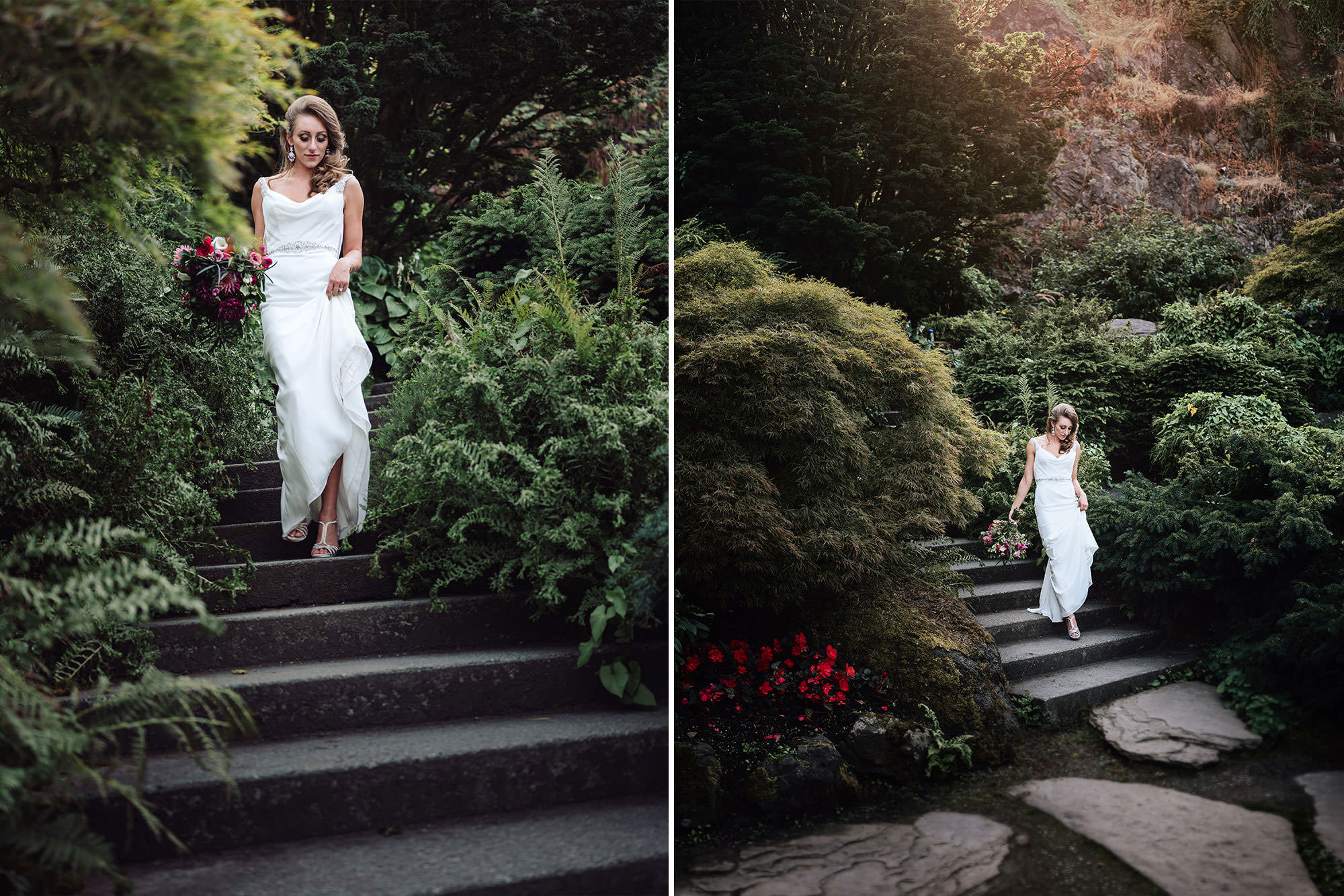 bride descending a stone stairway in a garden