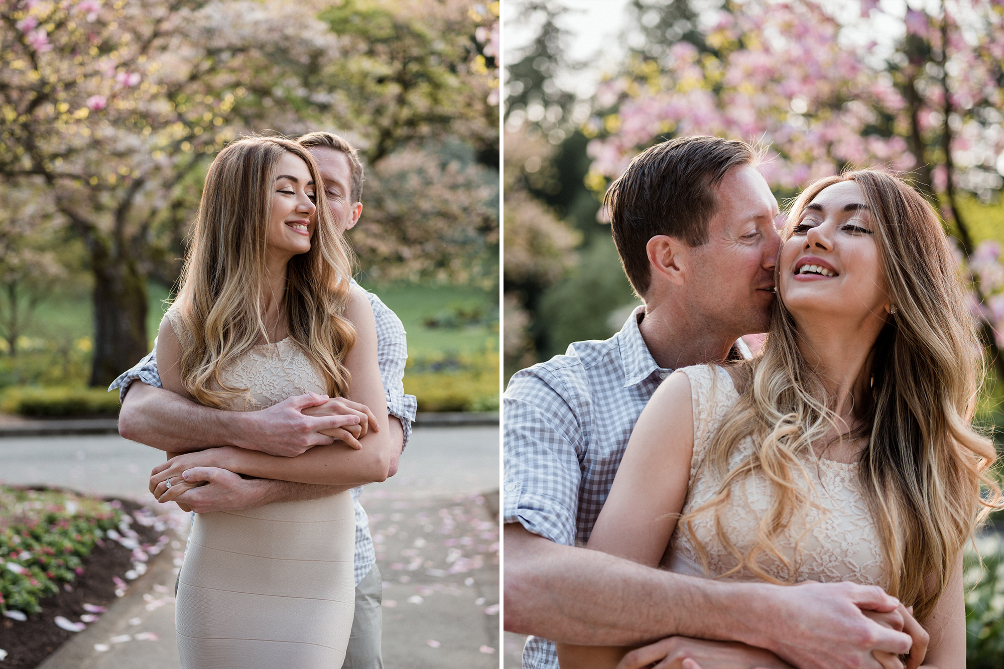 Couple plays among the magnolia trees in Stanly park, Vancouver photographer.