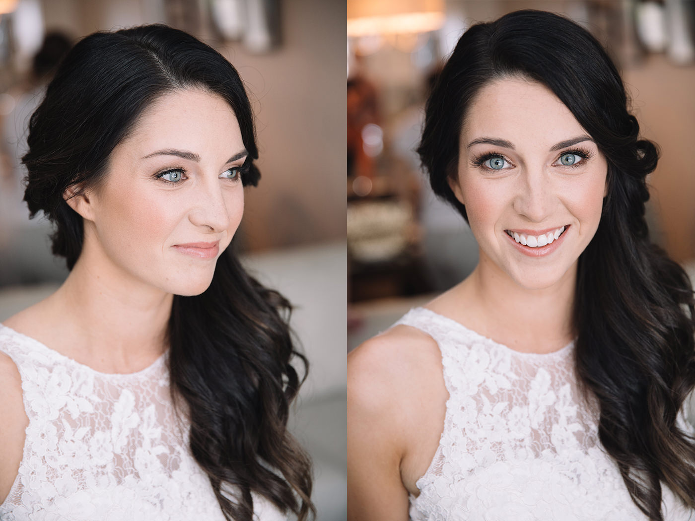 Bride shows off her hair and makeup