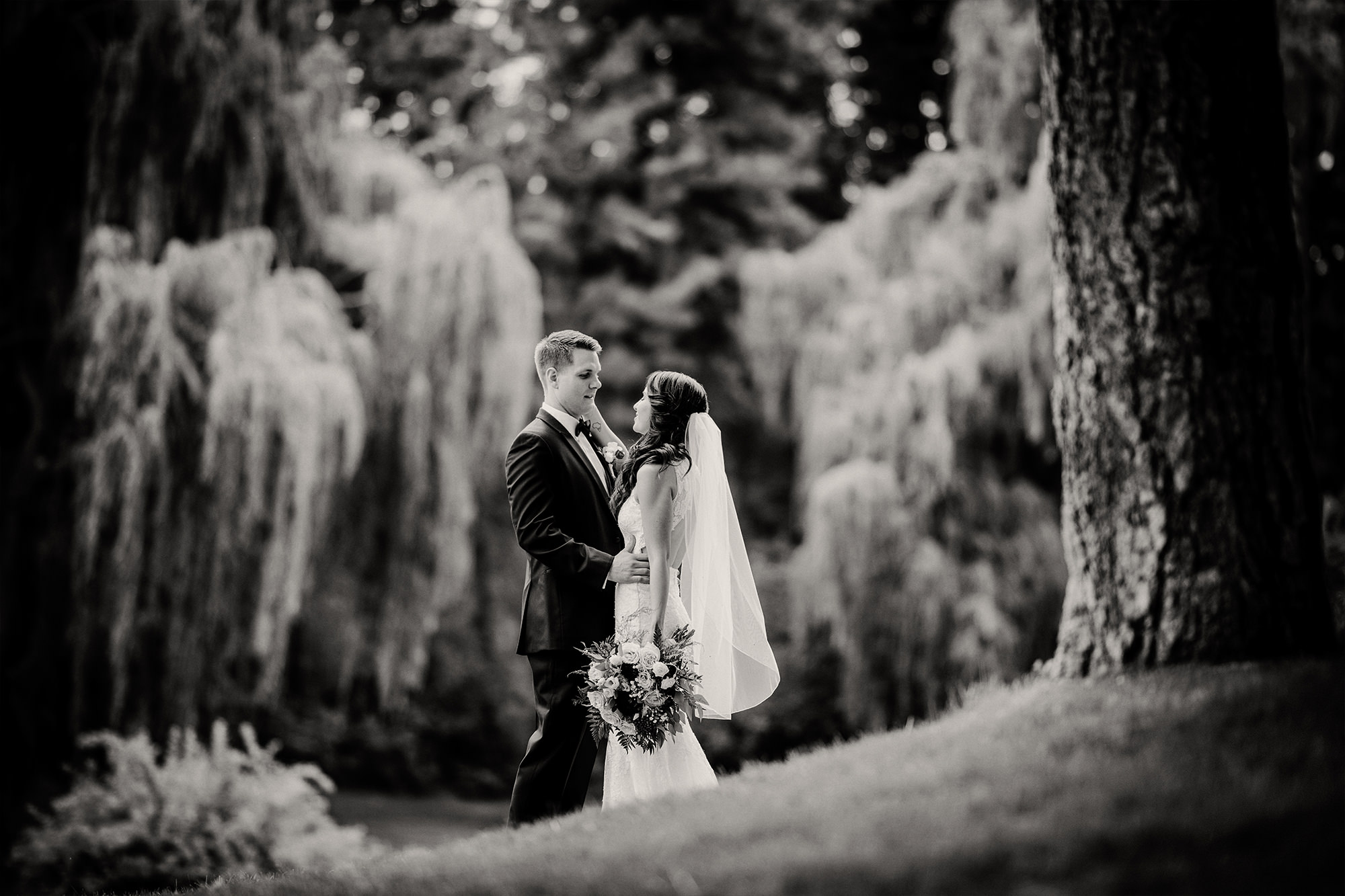 Beautiful monochrome image of a bride and groom in park with trees