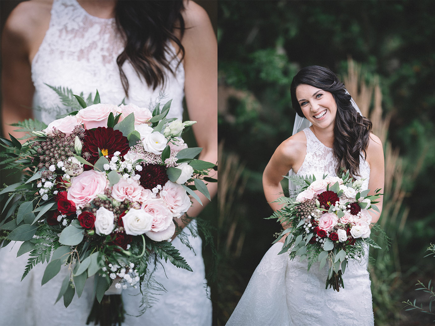 A bride has a big smile as she shows off her flowers