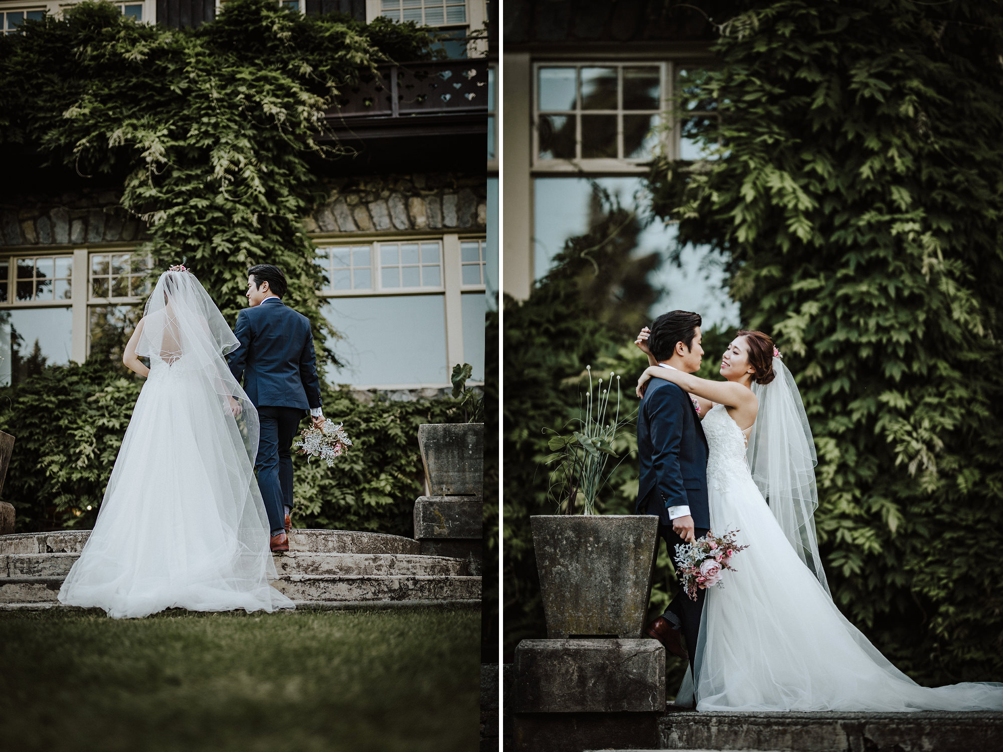 Wedding couple walk up stone steps to rock wall with ivy draping down