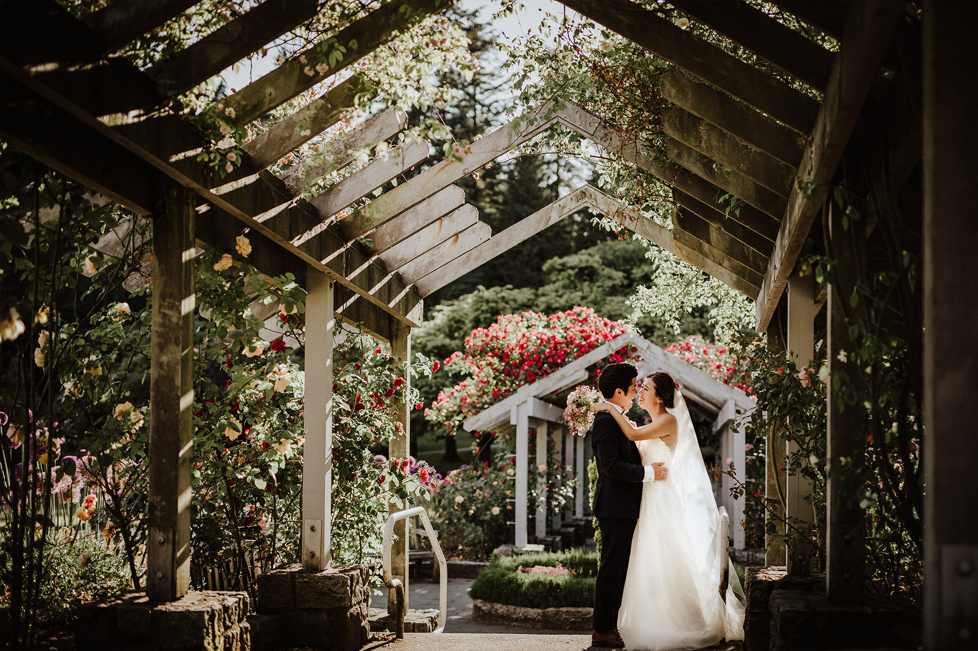 Bride and groom in the Stanley Park Rose garden