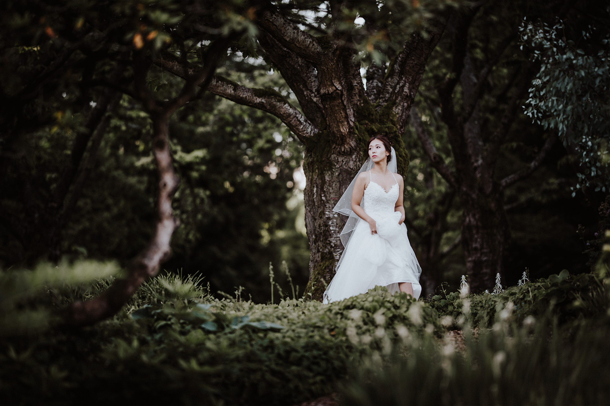 A bride walks alone in a forest looking off into the distance