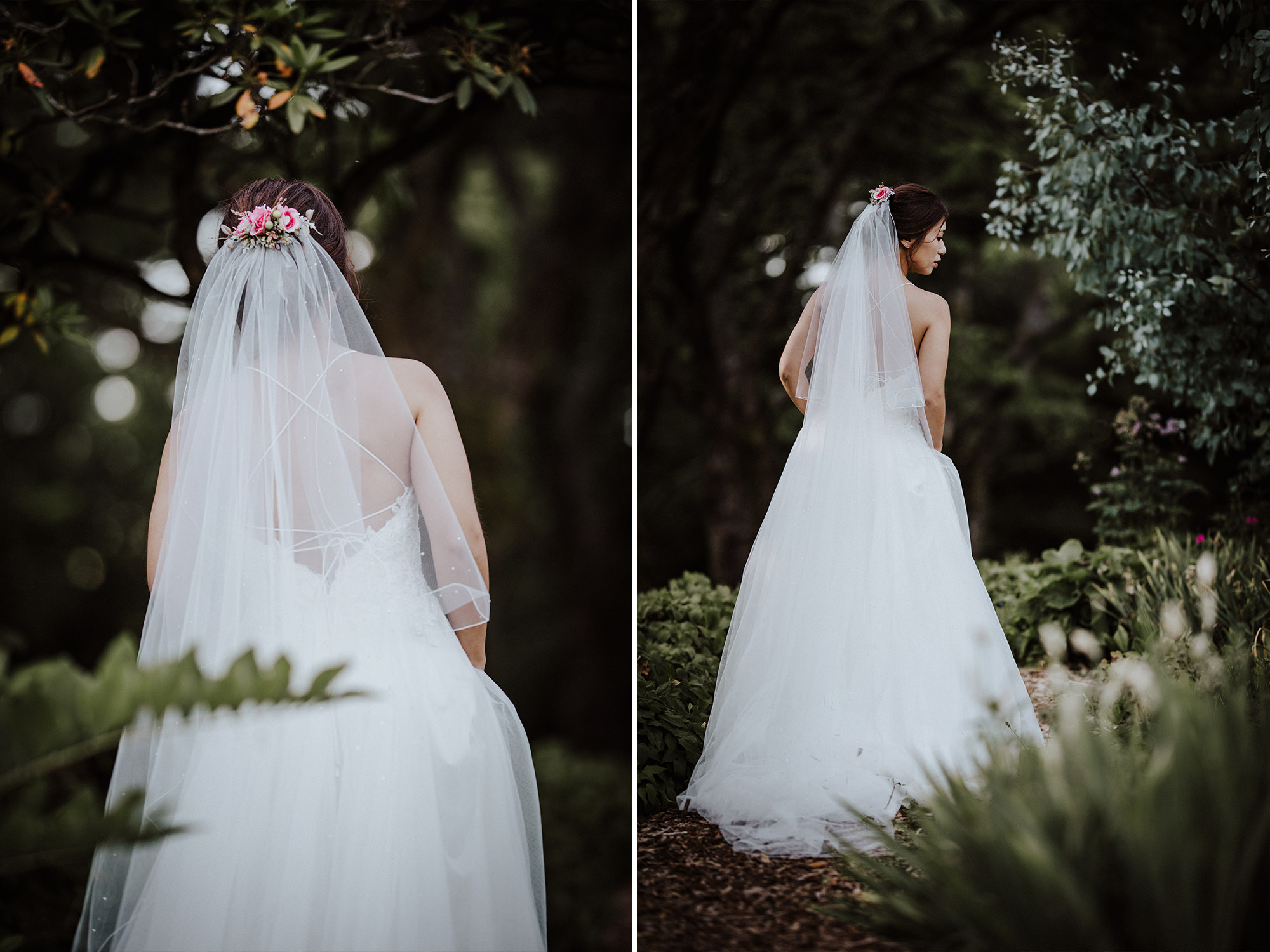 View of bride's veil and flower hair piece as she walks away