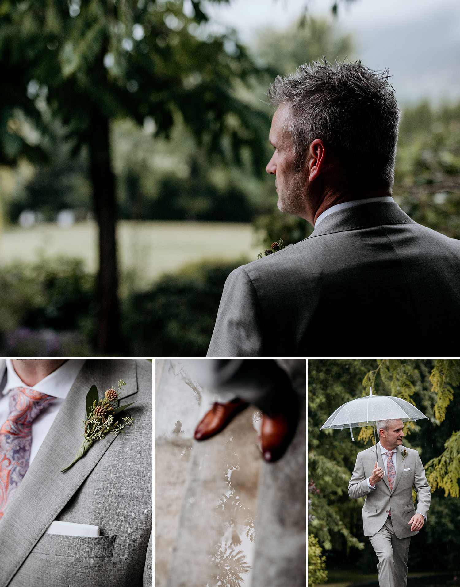A groom gazes out at the rain falling on his wedding.
