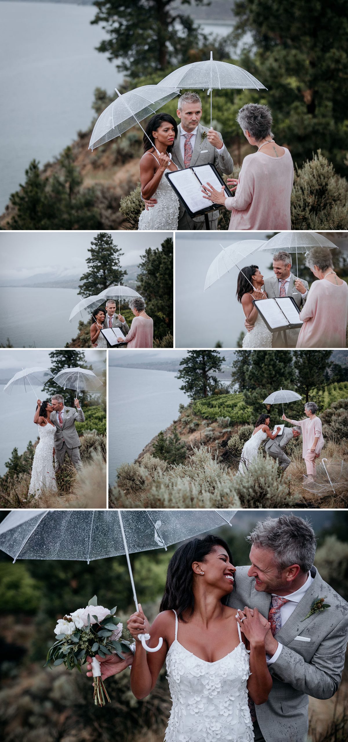 Awesome wedding elopement ceremony on a cliff above lake.
