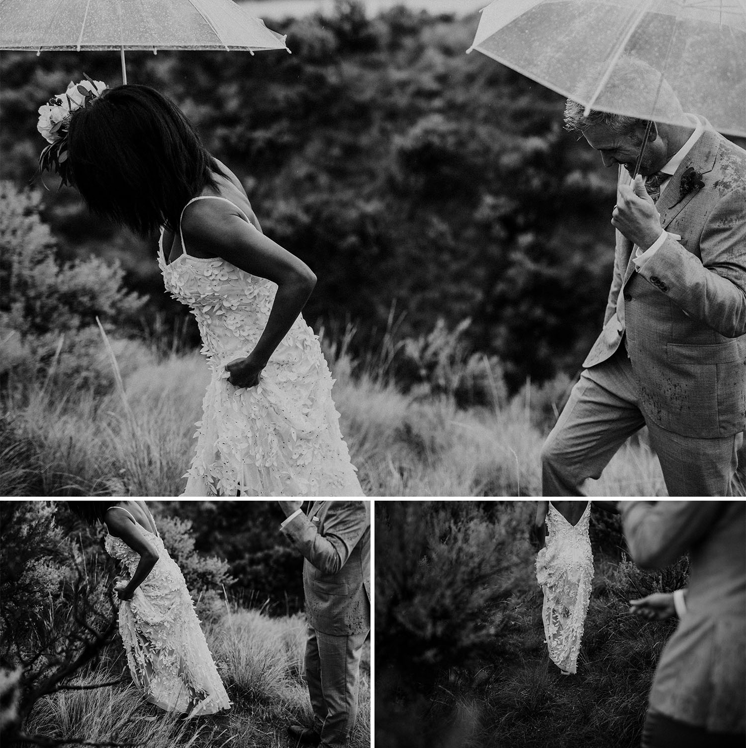 Black and white photos of a bride running through the bushes.