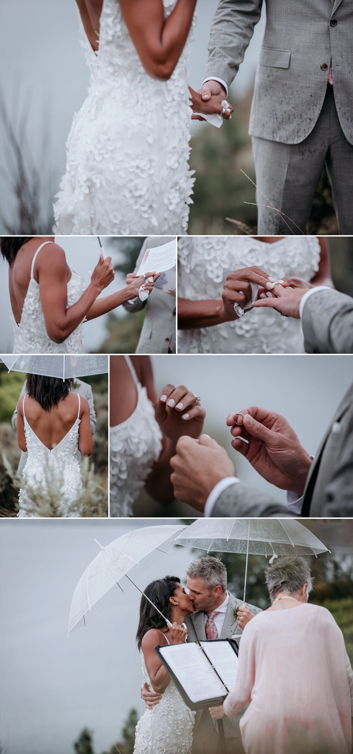 Bride and groom exchange rings during rainy ceremony.
